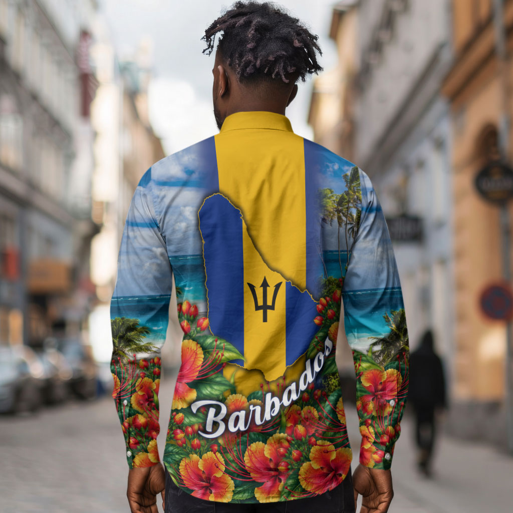 Barbados Trident Coat Of Arms Long Sleeve Button Shirt Caribbean Pride Tropical Beach Floral Map