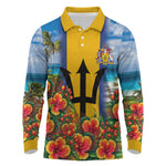 Barbados Trident Coat Of Arms Long Sleeve Polo Shirt Caribbean Pride Tropical Beach Floral Map