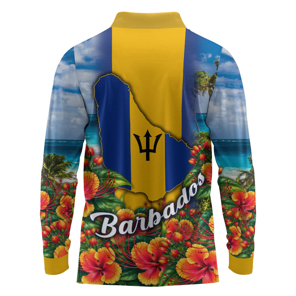 Barbados Trident Coat Of Arms Long Sleeve Polo Shirt Caribbean Pride Tropical Beach Floral Map