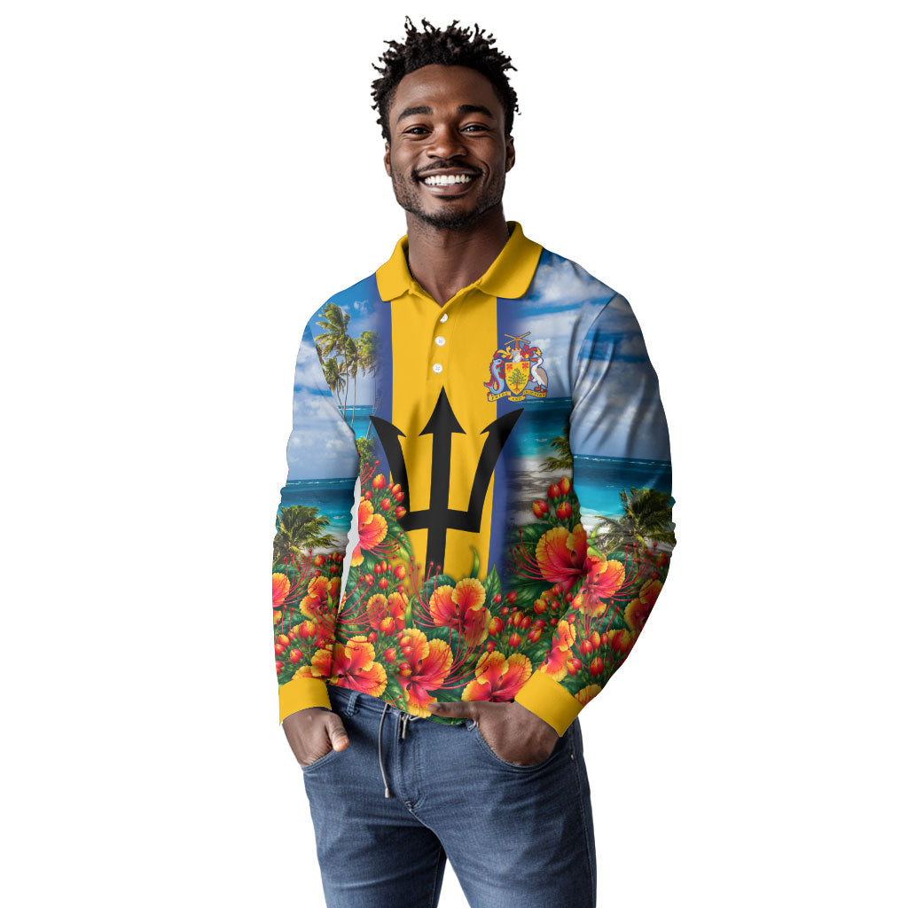 Barbados Trident Coat Of Arms Long Sleeve Polo Shirt Caribbean Pride Tropical Beach Floral Map