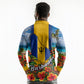 Barbados Trident Coat Of Arms Long Sleeve Polo Shirt Caribbean Pride Tropical Beach Floral Map