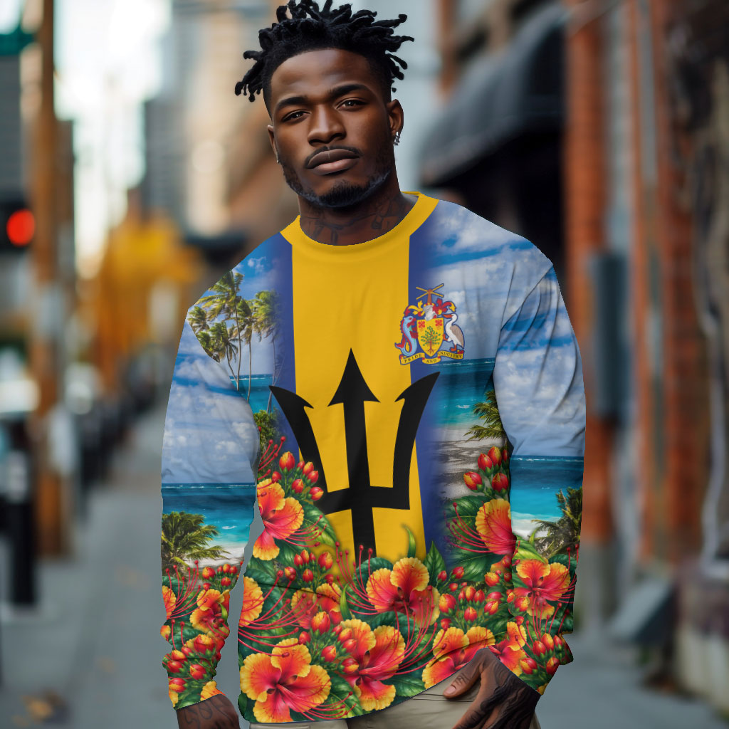 Barbados Trident Coat Of Arms Long Sleeve Shirt Caribbean Pride Tropical Beach Floral Map