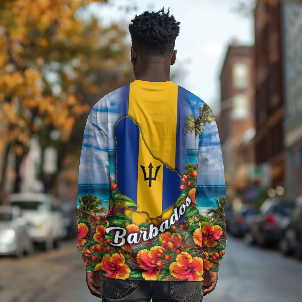 Barbados Trident Coat Of Arms Long Sleeve Shirt Caribbean Pride Tropical Beach Floral Map