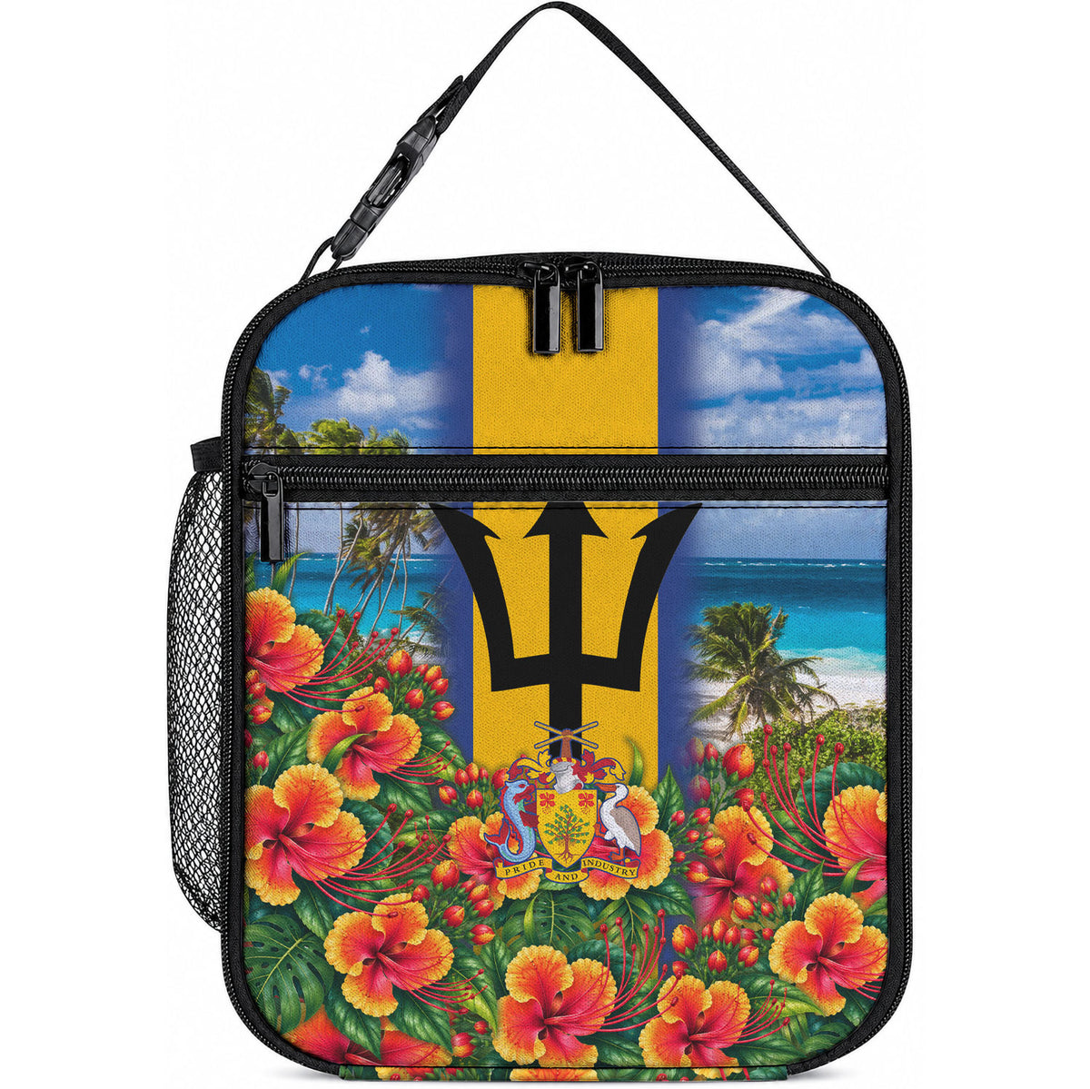 Barbados Trident Coat Of Arms Lunch Bag Caribbean Pride Tropical Beach Floral Map