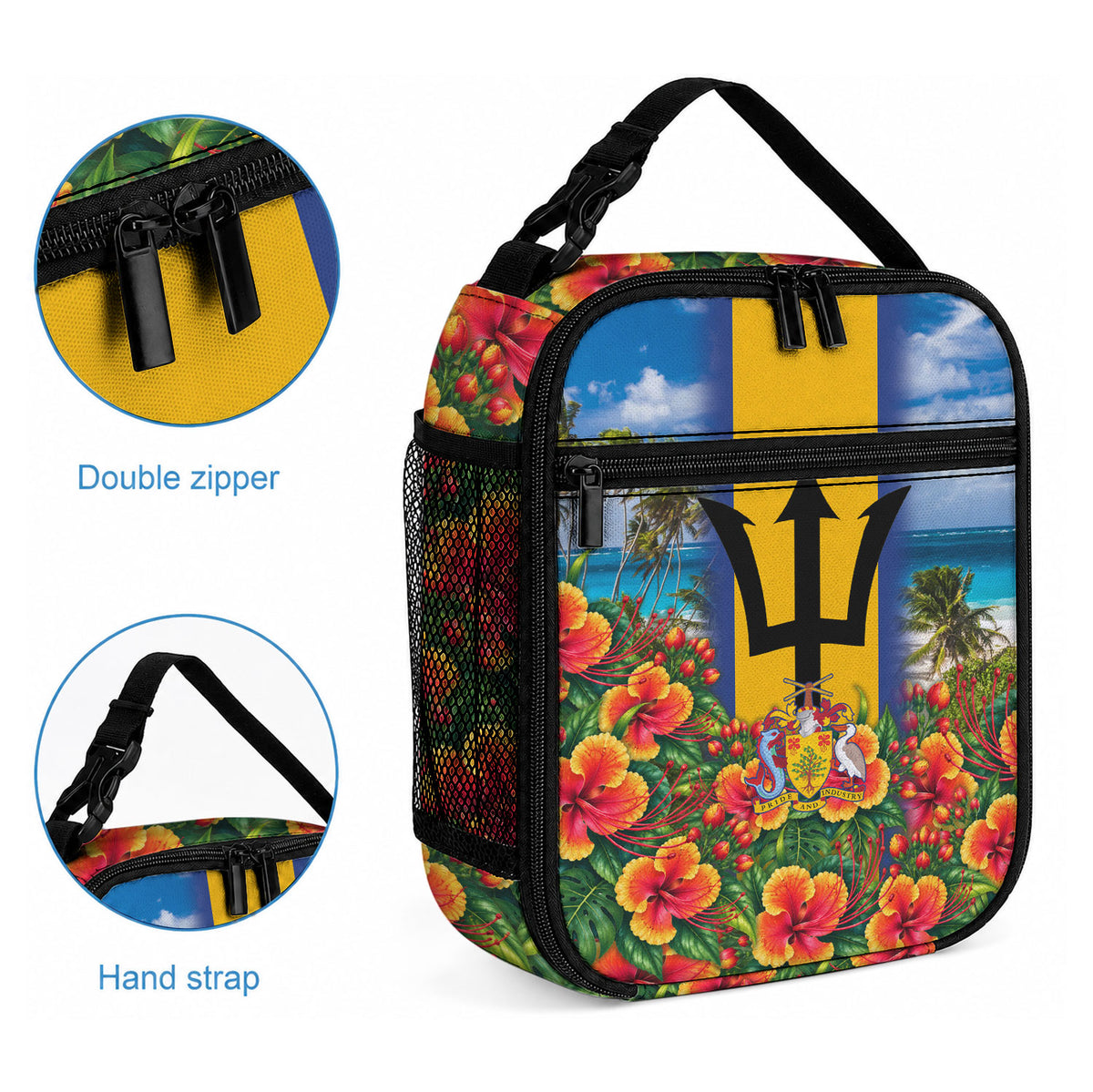 Barbados Trident Coat Of Arms Lunch Bag Caribbean Pride Tropical Beach Floral Map