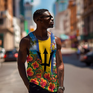 Barbados Trident Coat Of Arms Men Tank Top Caribbean Pride Tropical Beach Floral Map