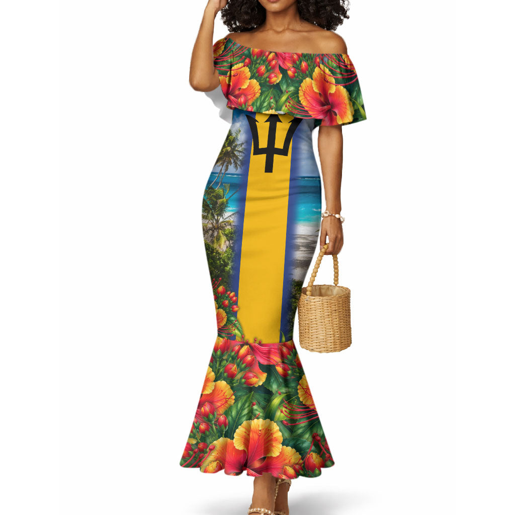 Barbados Trident Coat Of Arms Mermaid Dress Caribbean Pride Tropical Beach Floral Map