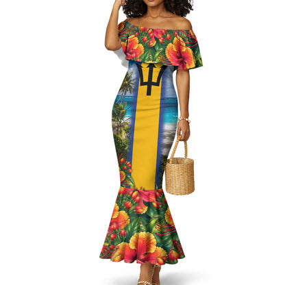 Barbados Trident Coat Of Arms Mermaid Dress Caribbean Pride Tropical Beach Floral Map