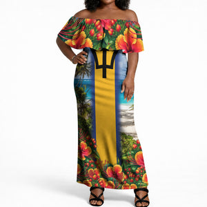 Barbados Trident Coat Of Arms Off Shoulder Maxi Dress Caribbean Pride Tropical Beach Floral Map