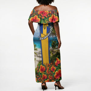 Barbados Trident Coat Of Arms Off Shoulder Maxi Dress Caribbean Pride Tropical Beach Floral Map