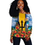 Barbados Trident Coat Of Arms Off Shoulder Sweater Caribbean Pride Tropical Beach Floral Map