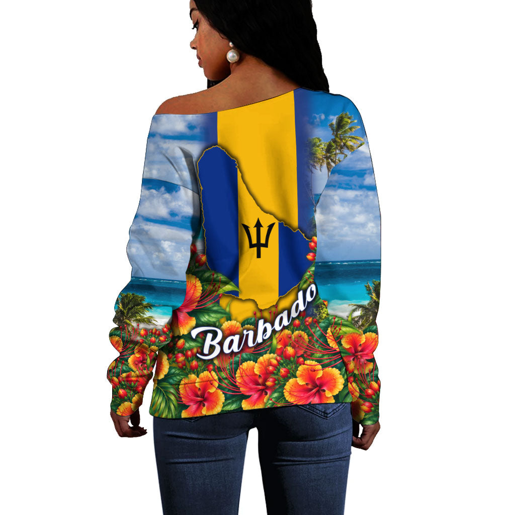 Barbados Trident Coat Of Arms Off Shoulder Sweater Caribbean Pride Tropical Beach Floral Map
