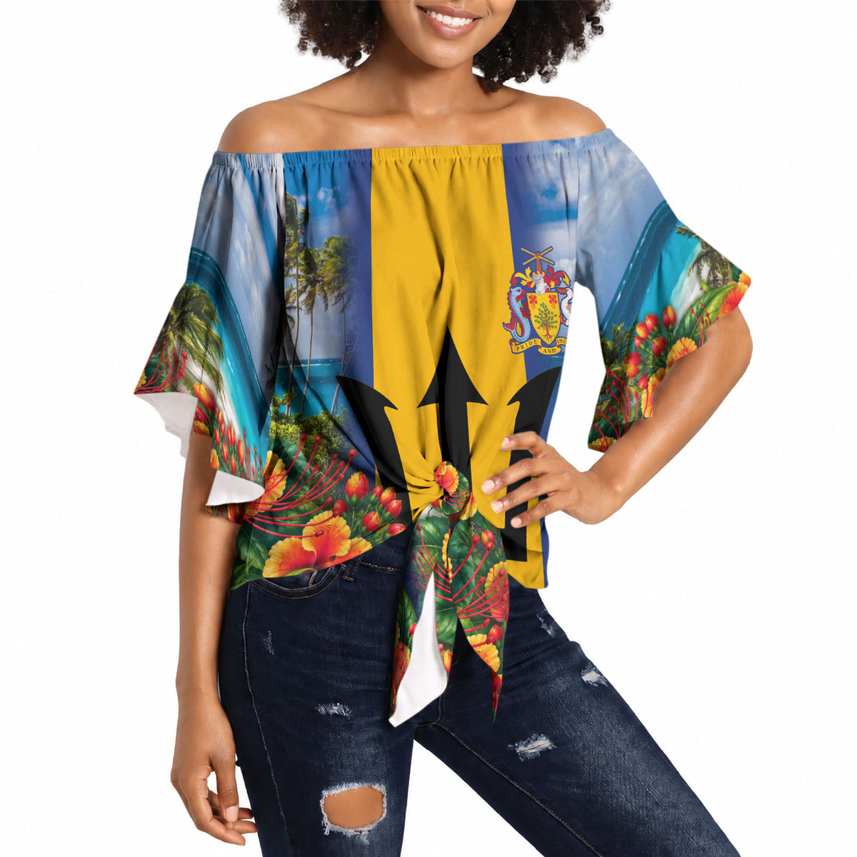 Barbados Trident Coat Of Arms Off Shoulder Wrap Waist Top Caribbean Pride Tropical Beach Floral Map
