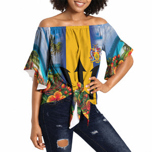 Barbados Trident Coat Of Arms Off Shoulder Wrap Waist Top Caribbean Pride Tropical Beach Floral Map