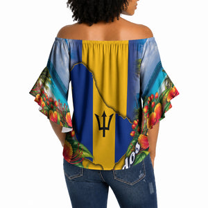 Barbados Trident Coat Of Arms Off Shoulder Wrap Waist Top Caribbean Pride Tropical Beach Floral Map