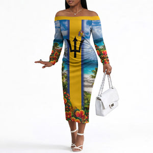 Barbados Trident Coat Of Arms Off The Shoulder Long Sleeve Dress Caribbean Pride Tropical Beach Floral Map
