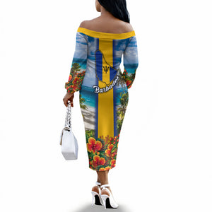 Barbados Trident Coat Of Arms Off The Shoulder Long Sleeve Dress Caribbean Pride Tropical Beach Floral Map