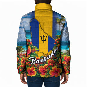 Barbados Trident Coat Of Arms Padded Jacket Caribbean Pride Tropical Beach Floral Map