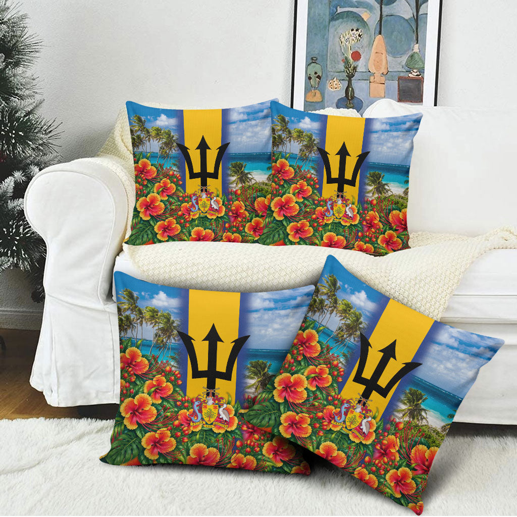 Barbados Trident Coat Of Arms Pillow Cover Caribbean Pride Tropical Beach Floral Map