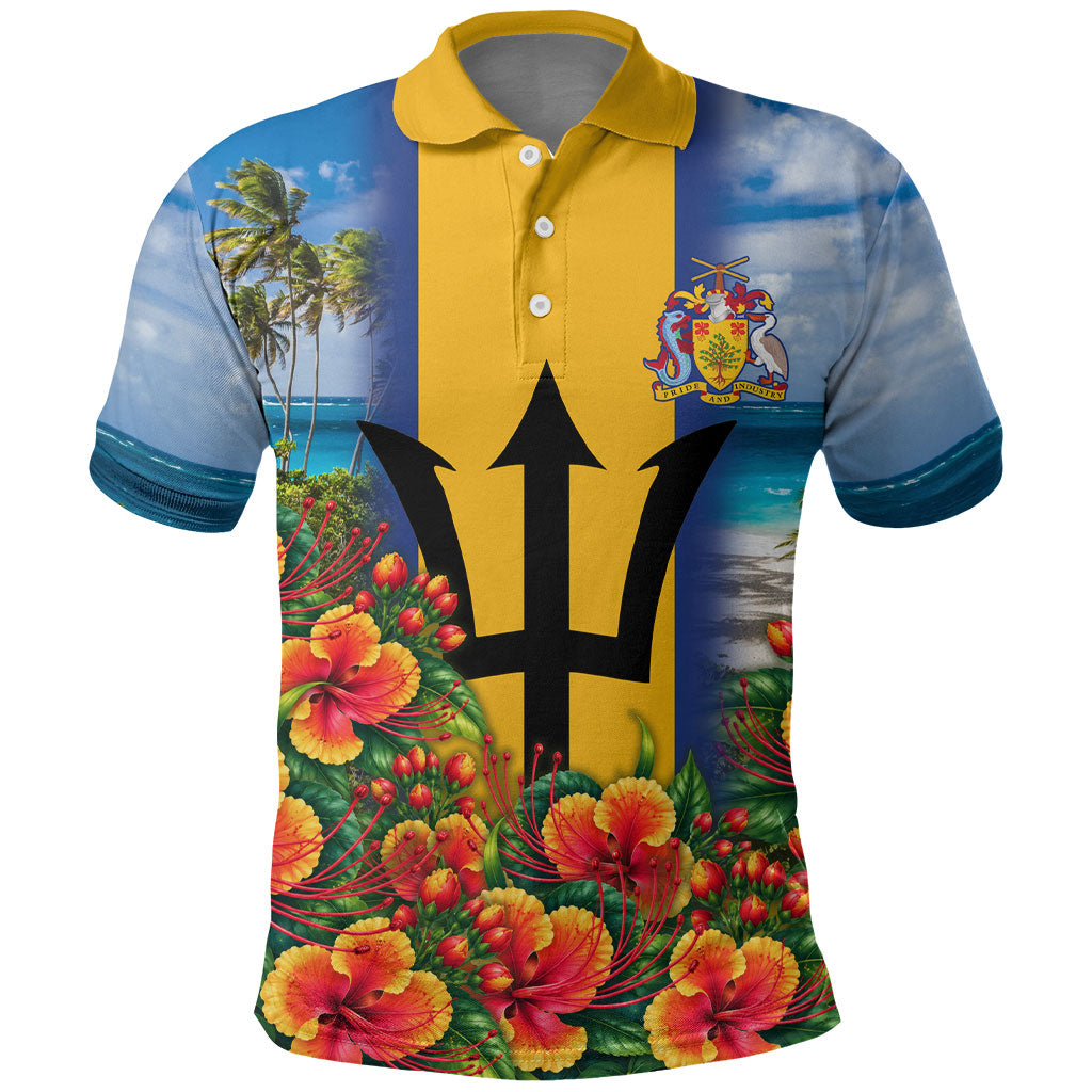 Barbados Trident Coat Of Arms Polo Shirt Caribbean Pride Tropical Beach Floral Map