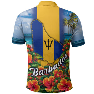 Barbados Trident Coat Of Arms Polo Shirt Caribbean Pride Tropical Beach Floral Map