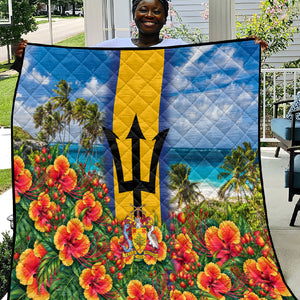 Barbados Trident Coat Of Arms Quilt Caribbean Pride Tropical Beach Floral Map
