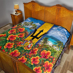 Barbados Trident Coat Of Arms Quilt Caribbean Pride Tropical Beach Floral Map