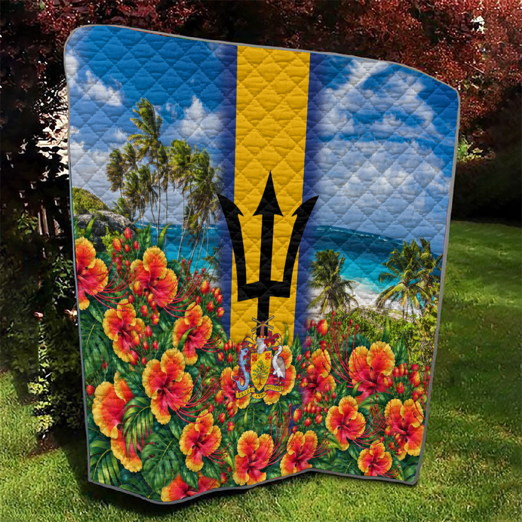 Barbados Trident Coat Of Arms Quilt Caribbean Pride Tropical Beach Floral Map