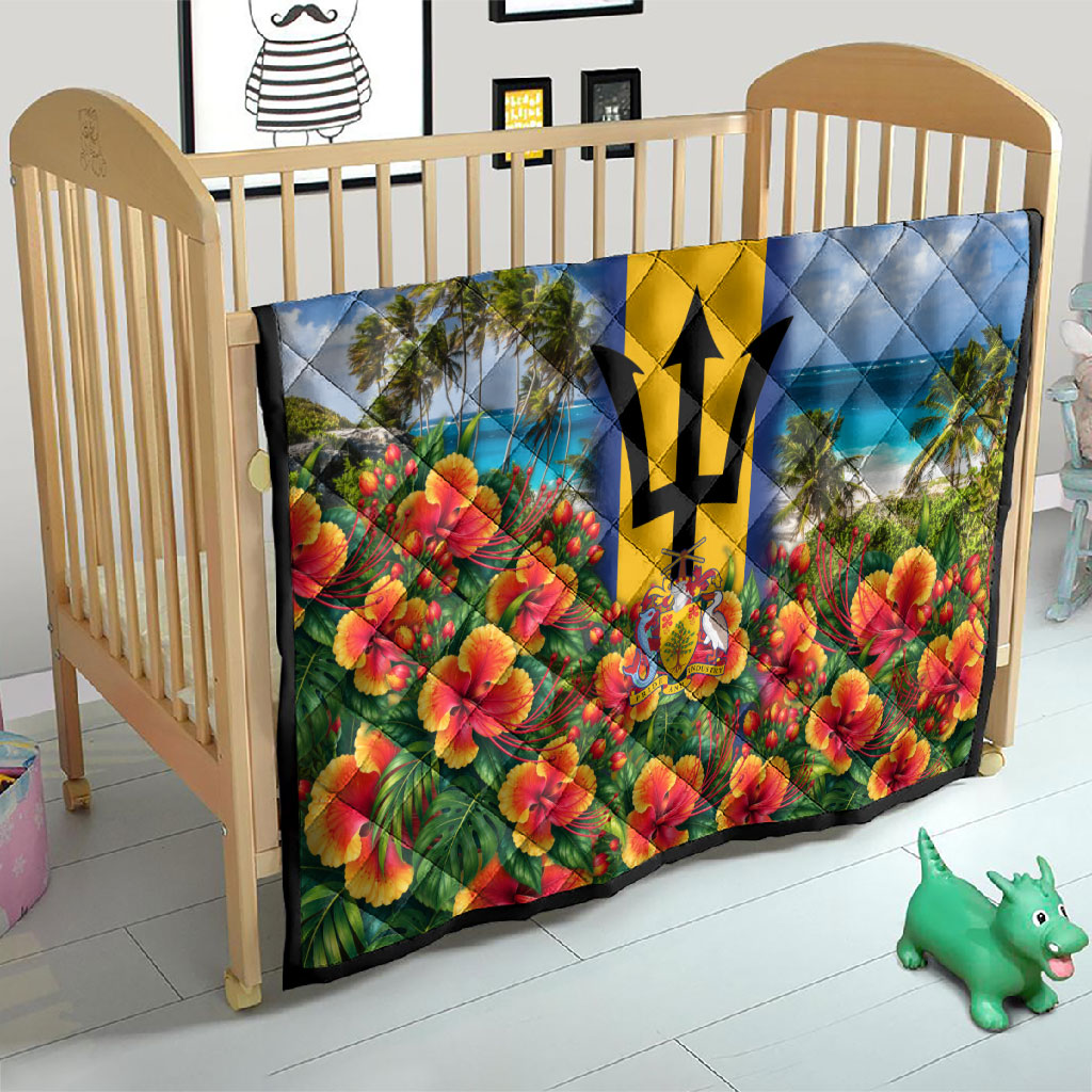 Barbados Trident Coat Of Arms Quilt Caribbean Pride Tropical Beach Floral Map