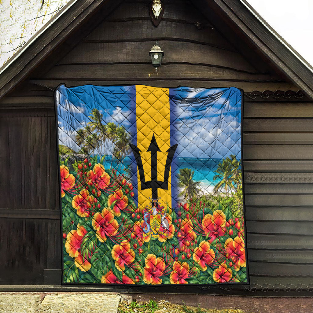 Barbados Trident Coat Of Arms Quilt Caribbean Pride Tropical Beach Floral Map