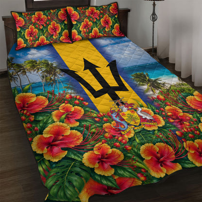 Barbados Trident Coat Of Arms Quilt Bed Set Caribbean Pride Tropical Beach Floral Map