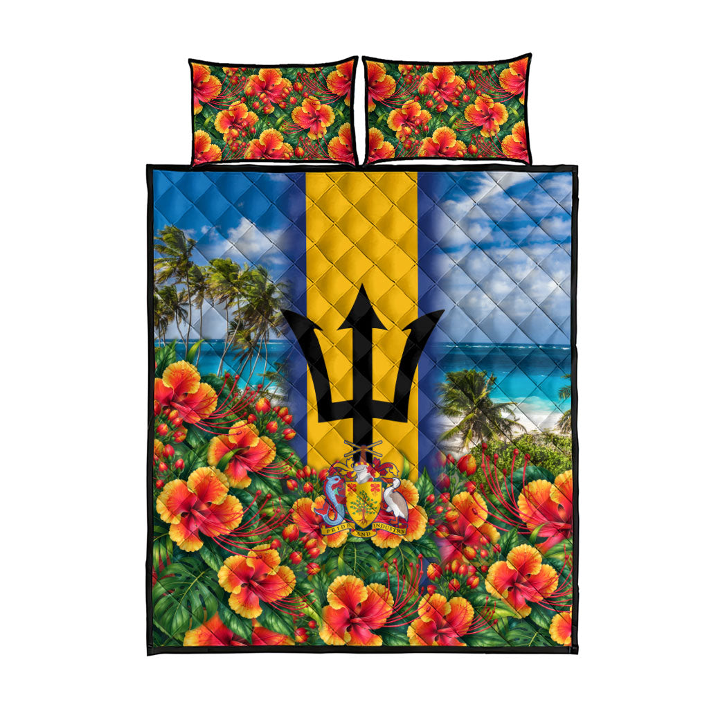 Barbados Trident Coat Of Arms Quilt Bed Set Caribbean Pride Tropical Beach Floral Map