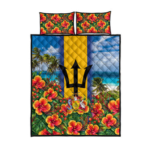 Barbados Trident Coat Of Arms Quilt Bed Set Caribbean Pride Tropical Beach Floral Map