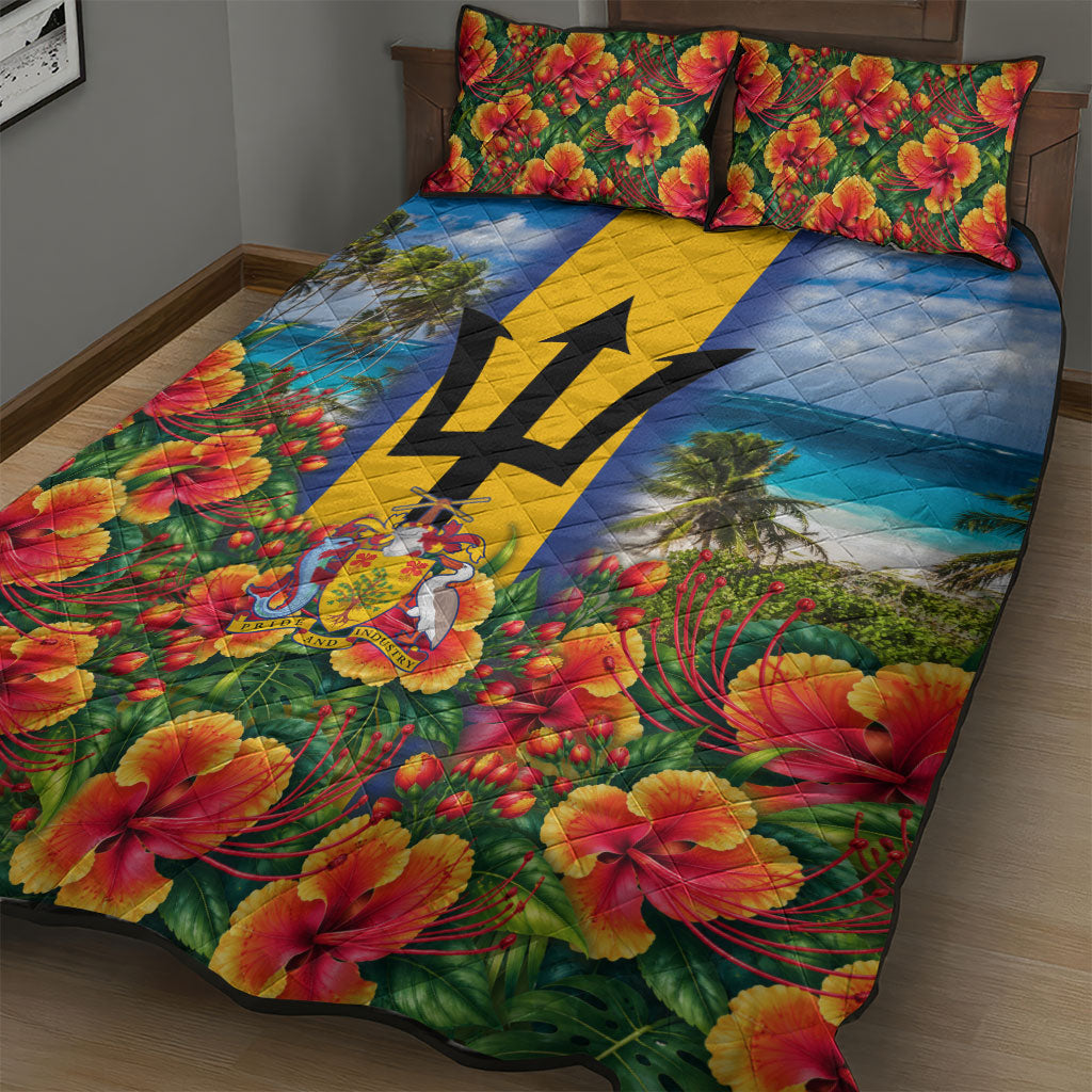 Barbados Trident Coat Of Arms Quilt Bed Set Caribbean Pride Tropical Beach Floral Map