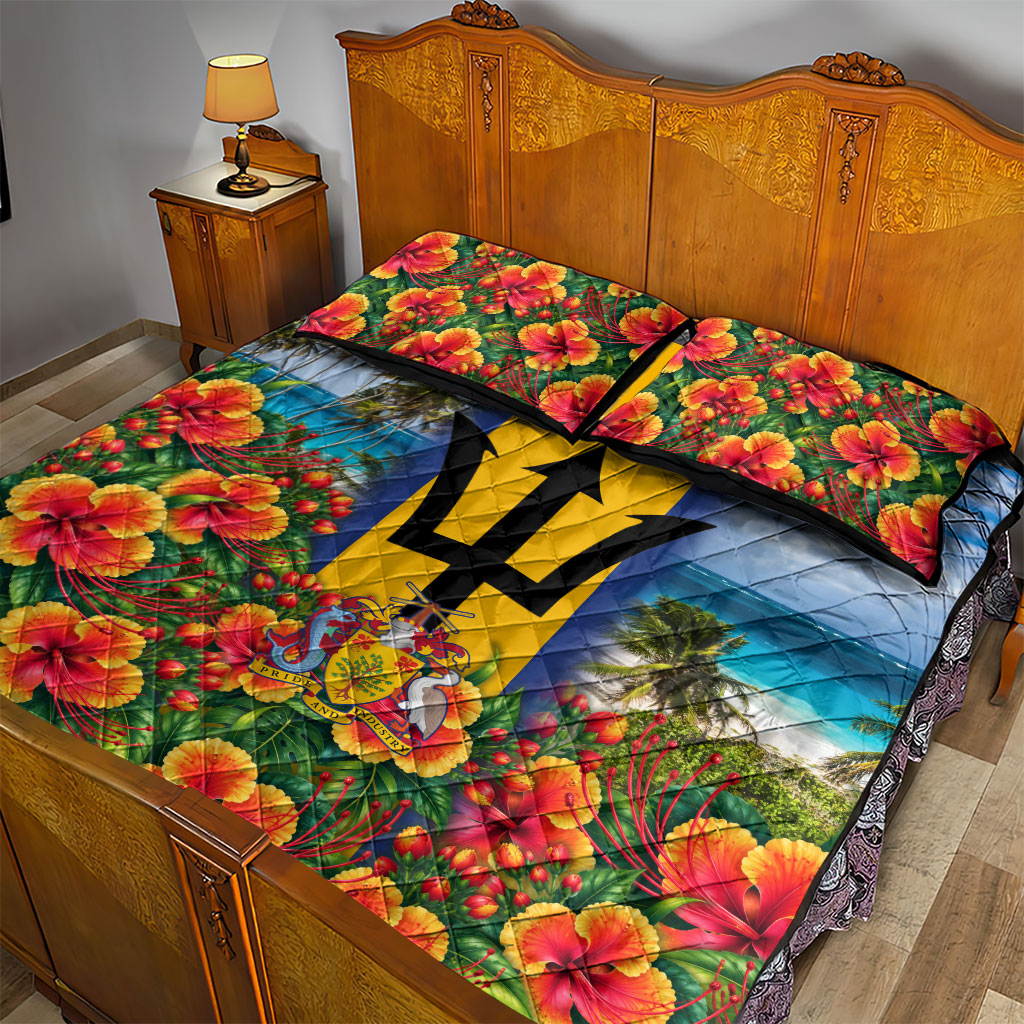 Barbados Trident Coat Of Arms Quilt Bed Set Caribbean Pride Tropical Beach Floral Map