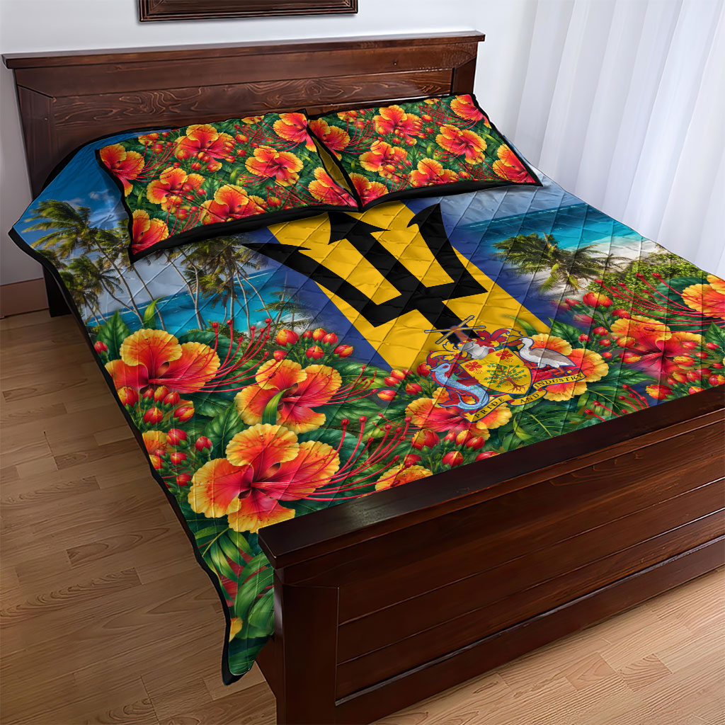 Barbados Trident Coat Of Arms Quilt Bed Set Caribbean Pride Tropical Beach Floral Map