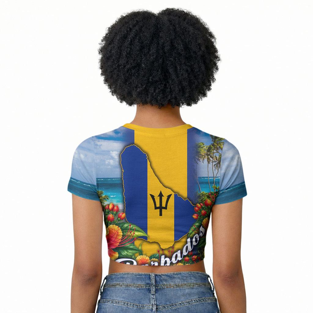 Barbados Trident Coat Of Arms Raglan Cropped T shirt Caribbean Pride Tropical Beach Floral Map