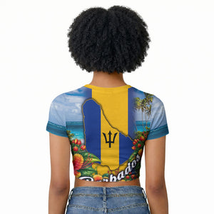 Barbados Trident Coat Of Arms Raglan Cropped T shirt Caribbean Pride Tropical Beach Floral Map