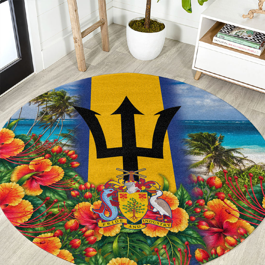 Barbados Trident Coat Of Arms Round Carpet Caribbean Pride Tropical Beach Floral Map