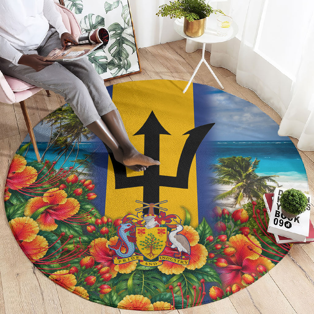 Barbados Trident Coat Of Arms Round Carpet Caribbean Pride Tropical Beach Floral Map
