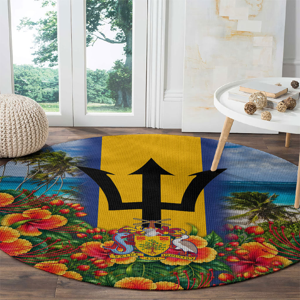 Barbados Trident Coat Of Arms Round Carpet Caribbean Pride Tropical Beach Floral Map