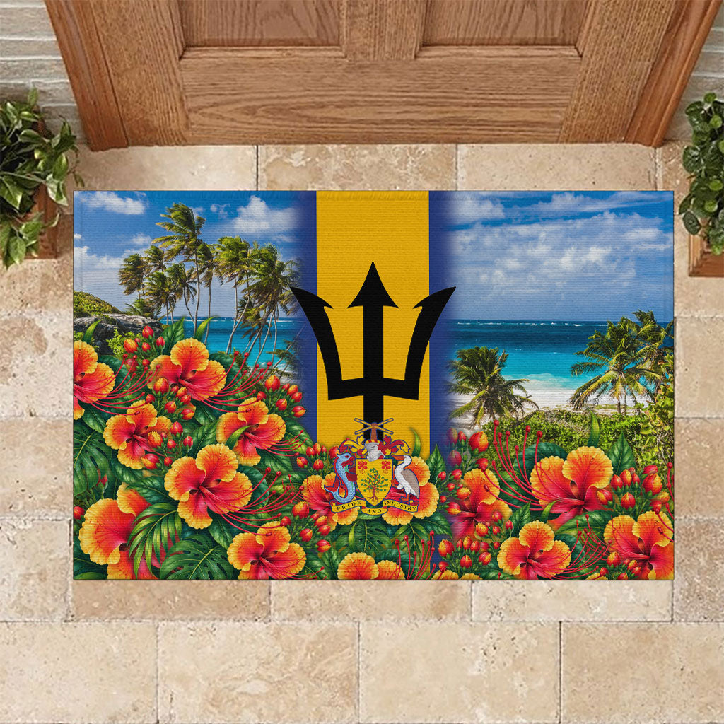 Barbados Trident Coat Of Arms Rubber Doormat Caribbean Pride Tropical Beach Floral Map