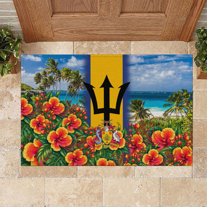 Barbados Trident Coat Of Arms Rubber Doormat Caribbean Pride Tropical Beach Floral Map
