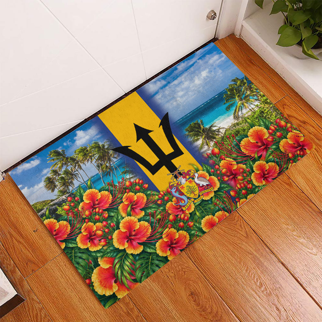 Barbados Trident Coat Of Arms Rubber Doormat Caribbean Pride Tropical Beach Floral Map