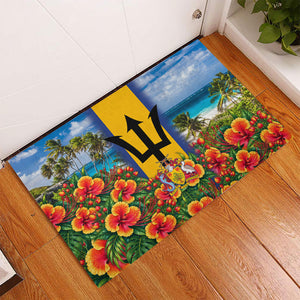 Barbados Trident Coat Of Arms Rubber Doormat Caribbean Pride Tropical Beach Floral Map