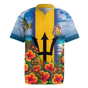 Barbados Trident Coat Of Arms Rugby Jersey Caribbean Pride Tropical Beach Floral Map