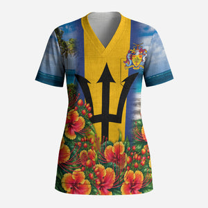 Barbados Trident Coat Of Arms Scrub Top Caribbean Pride Tropical Beach Floral Map