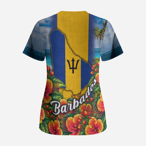 Barbados Trident Coat Of Arms Scrub Top Caribbean Pride Tropical Beach Floral Map