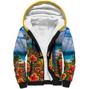 Barbados Trident Coat Of Arms Sherpa Hoodie Caribbean Pride Tropical Beach Floral Map