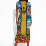 Barbados Trident Coat Of Arms Short Sleeve Bodycon Dress Caribbean Pride Tropical Beach Floral Map